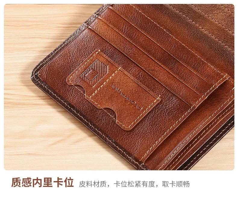 Men Wallet Genuine Leather Rfid Blocking Trifold Wallet Vintage Thin Short Multi Function ID Credit Card Holder Male Purse Money