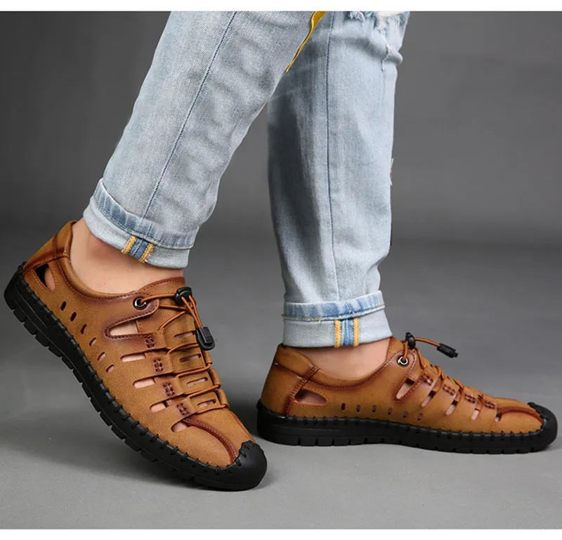 New 2025 Summer Shoes Men Sandals Genuine Leather Flat Non-slip Holiday Fashion Male Footwear Black Yellow D326
