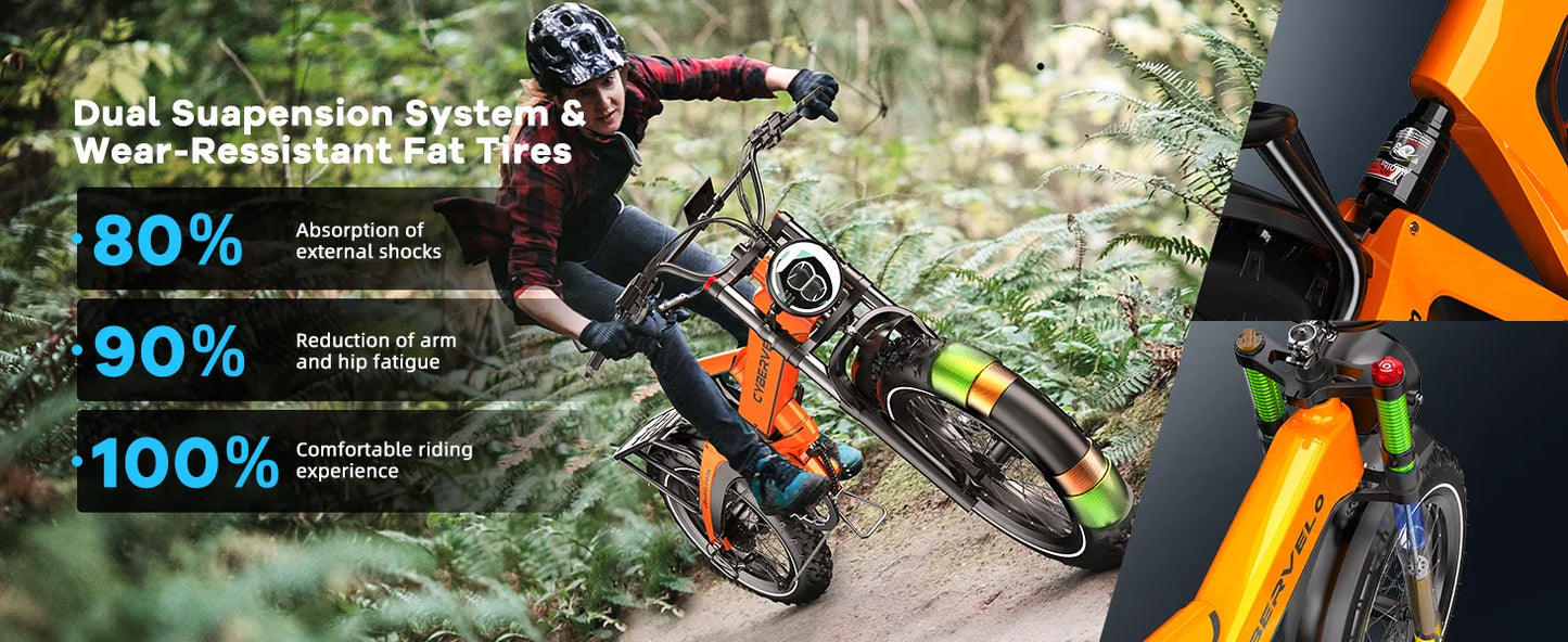Cybervelo EK6 20” Fat Tire 2000W Peak Motor Luxury Foldable ebike,48V Removable Battery E Bicycle, 35+ MPH 100+Miles Long Range
