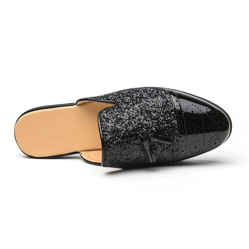 2024 New Luxury Designer Men's Casual Bling Leather Loafers Italian for Men Half Shoes Mules Male Black Slides Business Slippers
