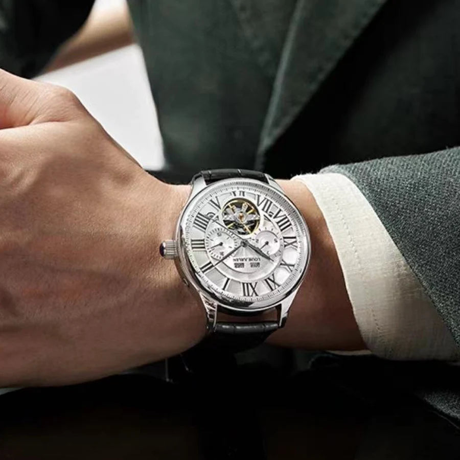 (Full Automatic Mechanical Watch) Men's Multifunctional Watch, Cut Out Perspective Small Plate, Roman Numeral Scale Dial, No Battery Required