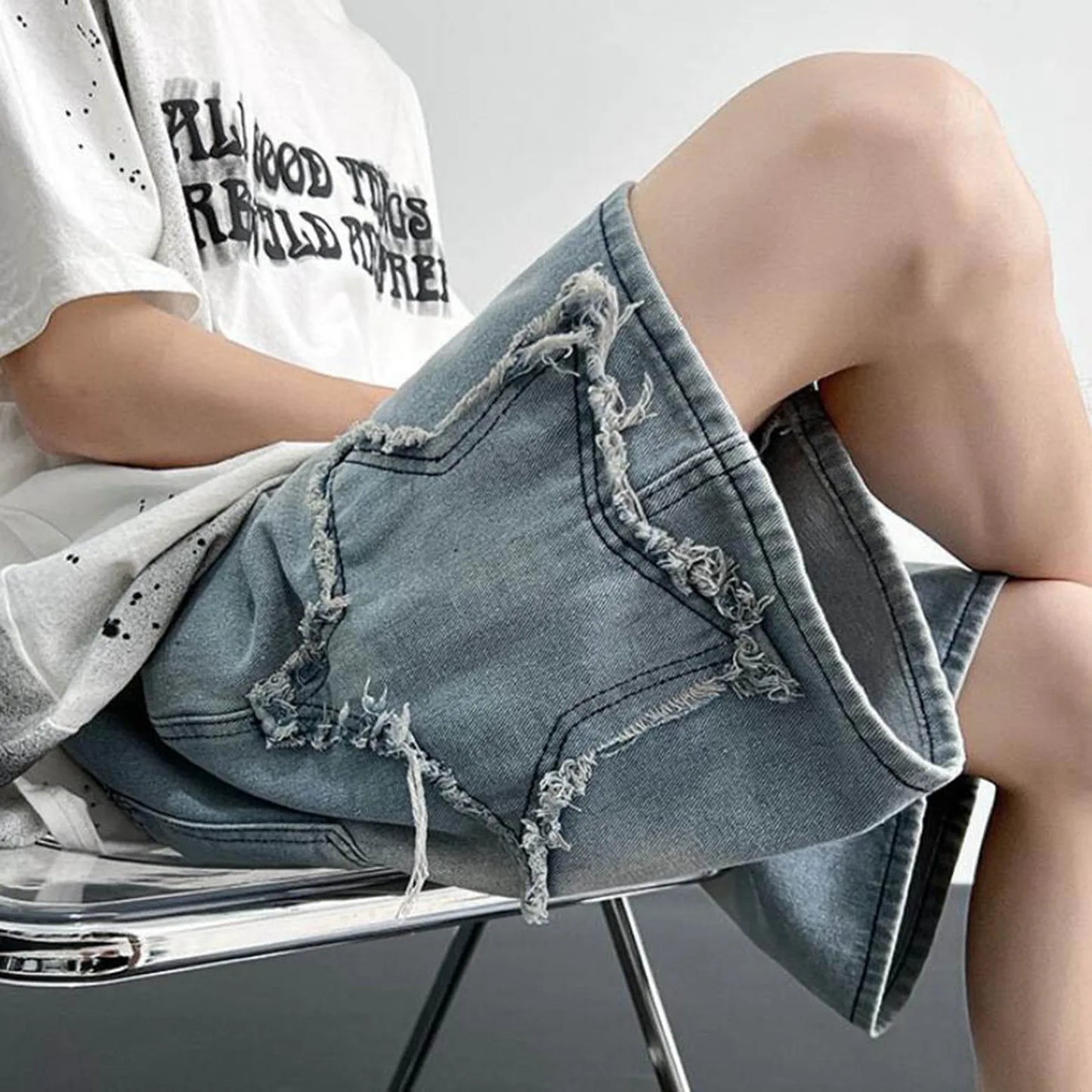 Fashion Denim Shorts For Men Summer Comfortable High Waist Drawstring Short Pants Men’s Streetwear Star Loose Casual Shorts