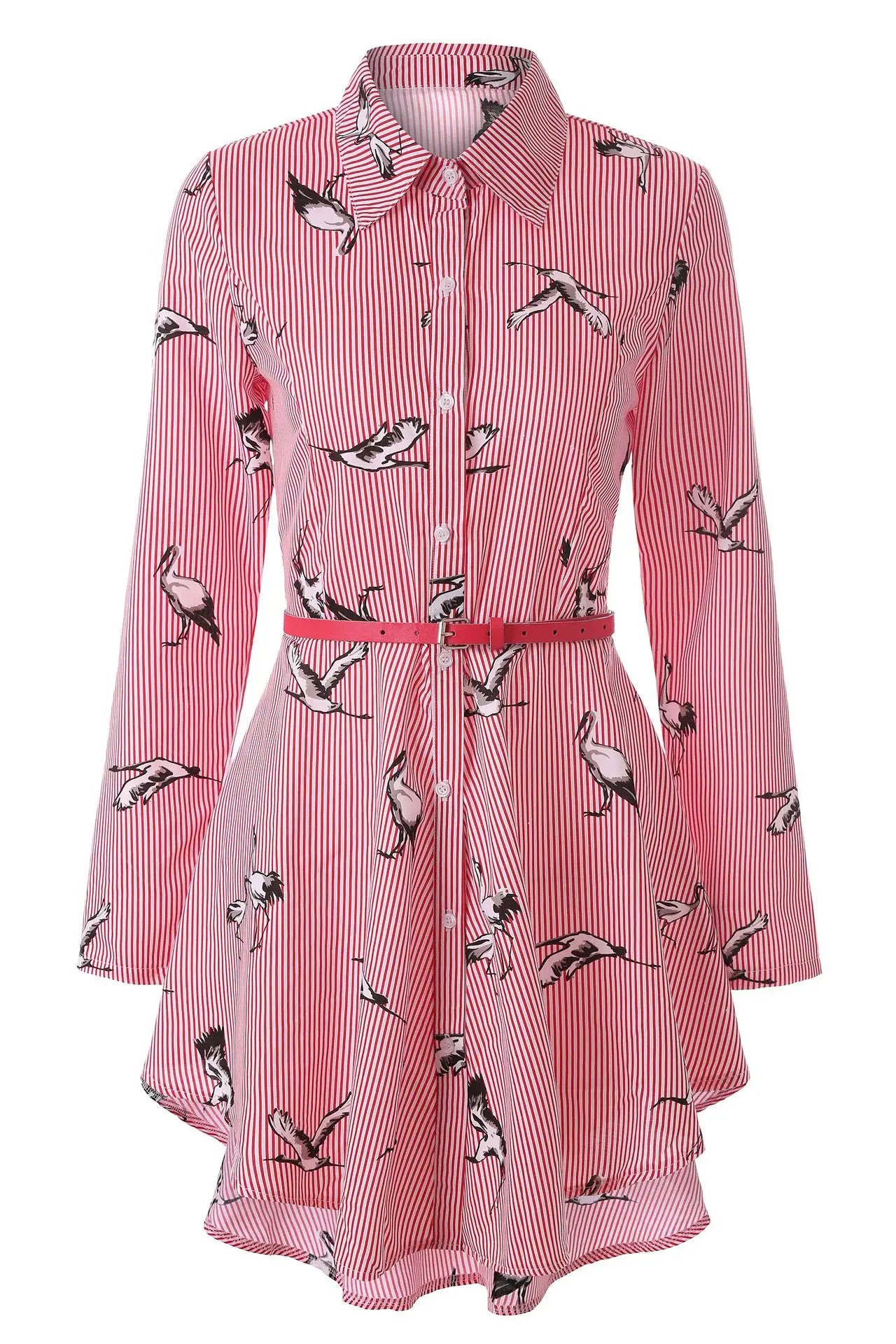 European and American women's clothing popular long-sleeved women's clothing striped shirt dress single-breasted belt