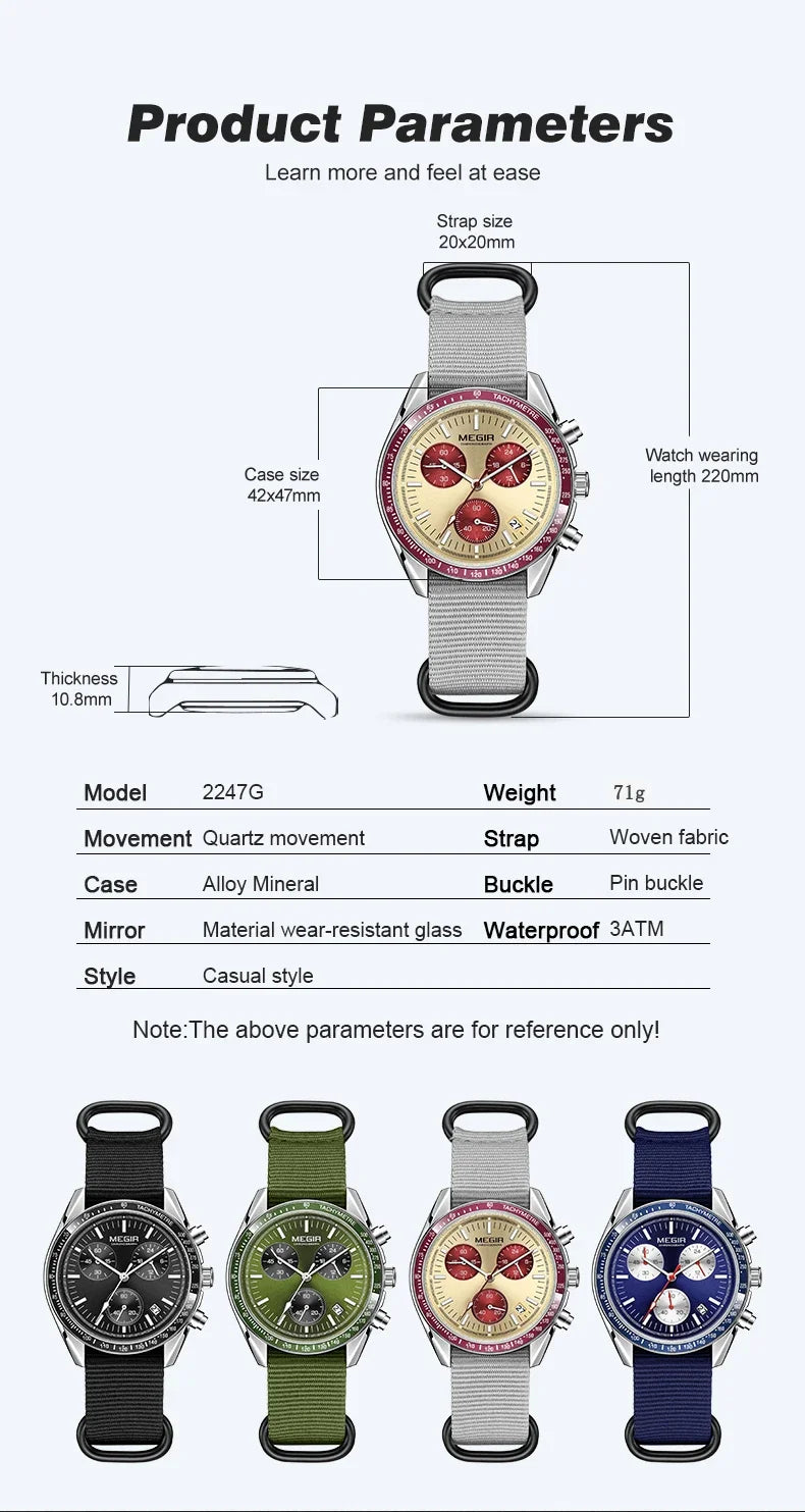 MEGIR New Luxury Men's Watches Canvas Weaving Strap Sport Automatic Chronograph Quartz Waterproof Wristwatch for Male 2247