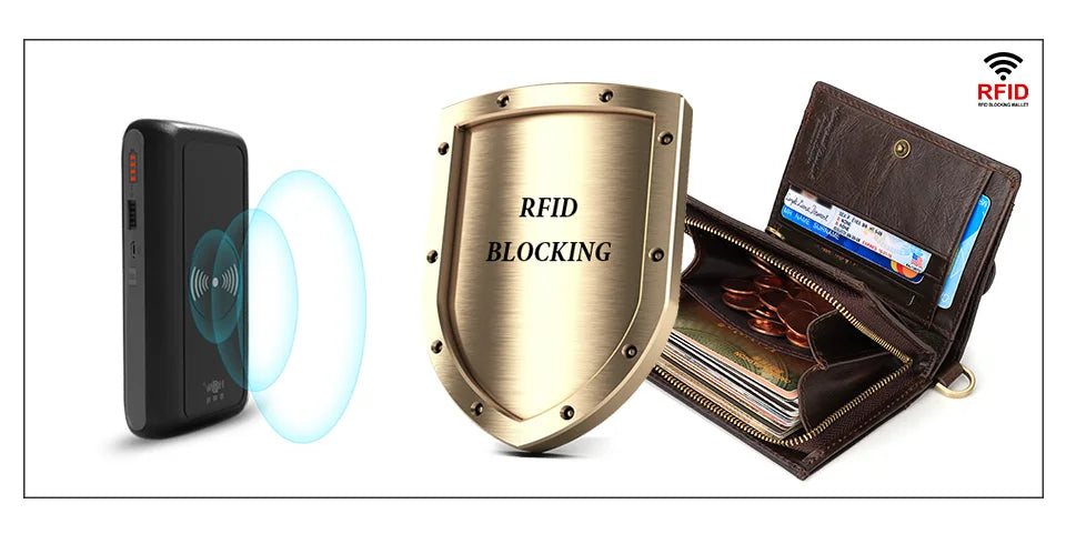 Real Leather Wallet for Men RFID Blocking Credit Card Holder Purse Male Short Bifold Zipper Coin Pocket with Anti-Theft Chain