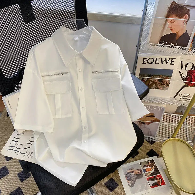 Working Short-sleeved Shirt Men's Summer High Street Niche High-end Design American Handsome Loose Casual Jacket