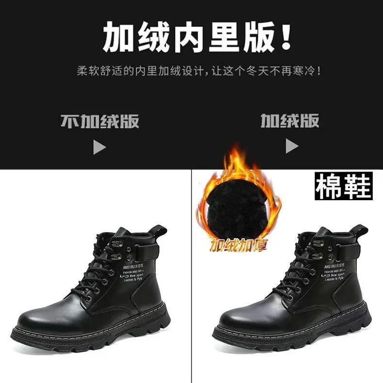 Winter Men's High Top Boots Trendy Black Motorcycle Boots Outdoor Warm Platform Boots Men Lace-up Leather Boots Bota Masculina