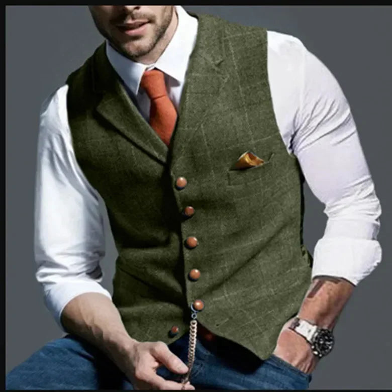 Men's Casual Classic Suit Vest Retro Herringbone Lapel Cotton Blended Tweed Slim Business Commuter Suit Lined Vest S-3XL