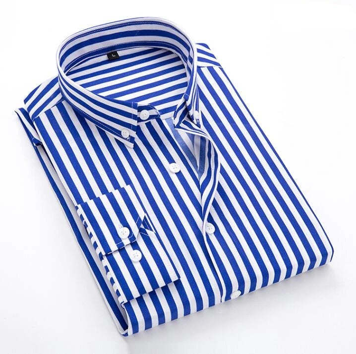 Men's Classic Striped Shirt, Single-breasted Long-sleeved Shirts Autumn New Men Top Red Blue Black Slim Version Male Chemise