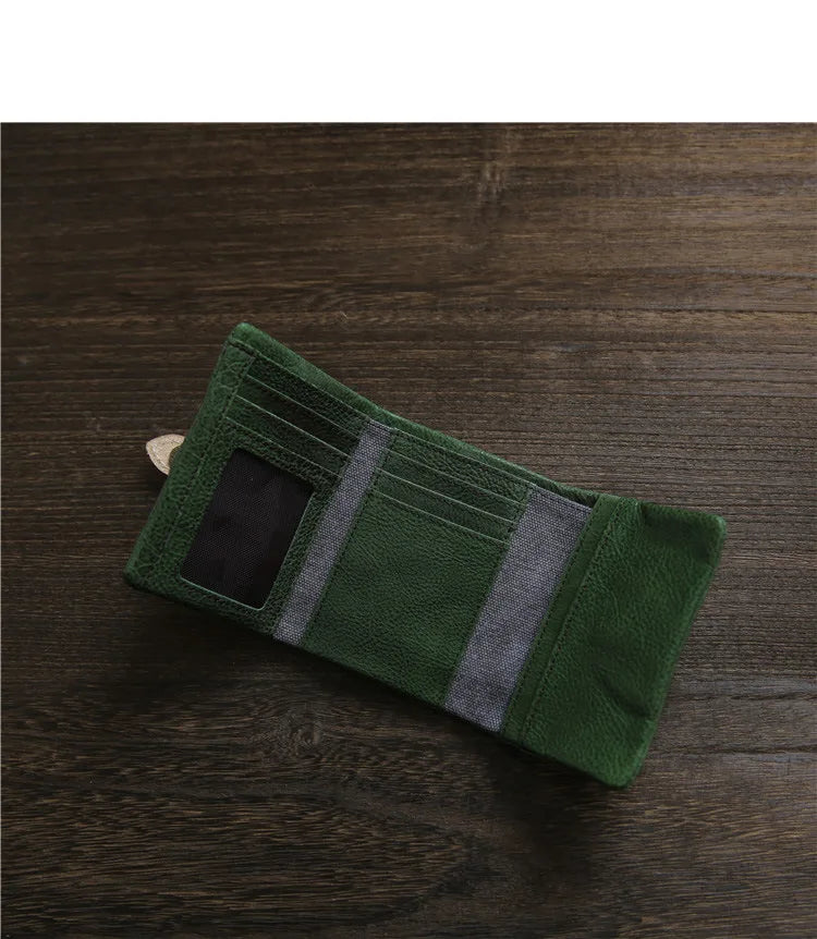 2025 Handmade Wallet Men's Short Leather Triple Fold Money Clip Cowhide Youth Buckle Student Vertical Vegetable Tanned Leather