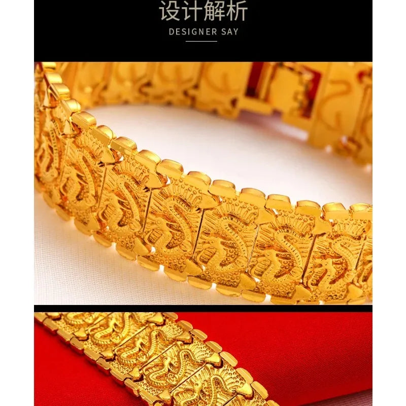 EternaGold Men's 24K Gold (AU999) Overbearing Long Dragon Watch Chain | Gold-inlaid dragon eyes, hammered dragon bone with adjus