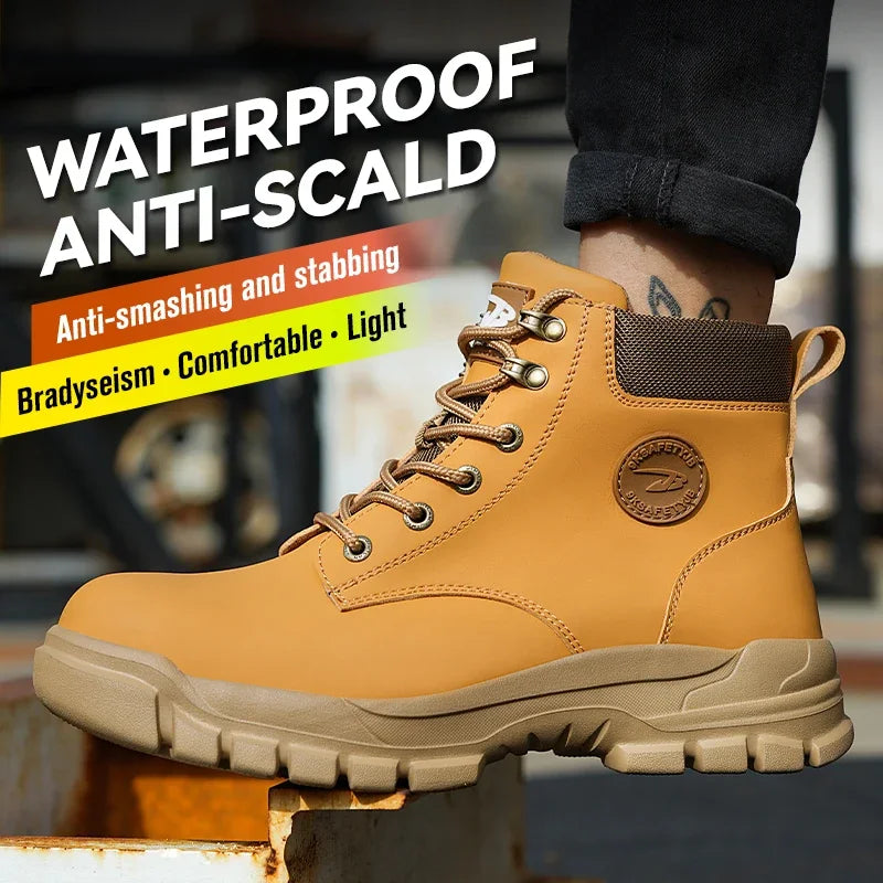 Work Safety Boots for Men, Anti-smash Steel Toe Shoes, Puncture-proof, Indestructible, Waterproof Sneakers Brown Boots