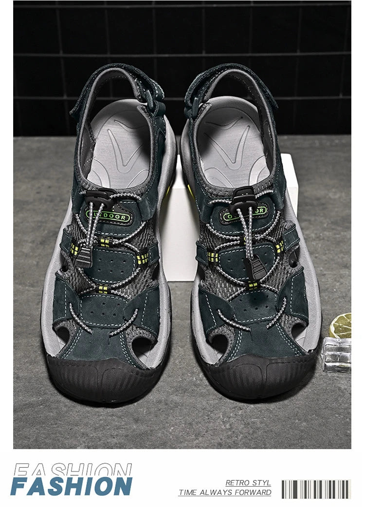 2024 Men Genuine Leather Shoes Men's Sandals Durable Handmade Stitching Close Toe Non Slip Footwear for Indoor Outdoor Beach