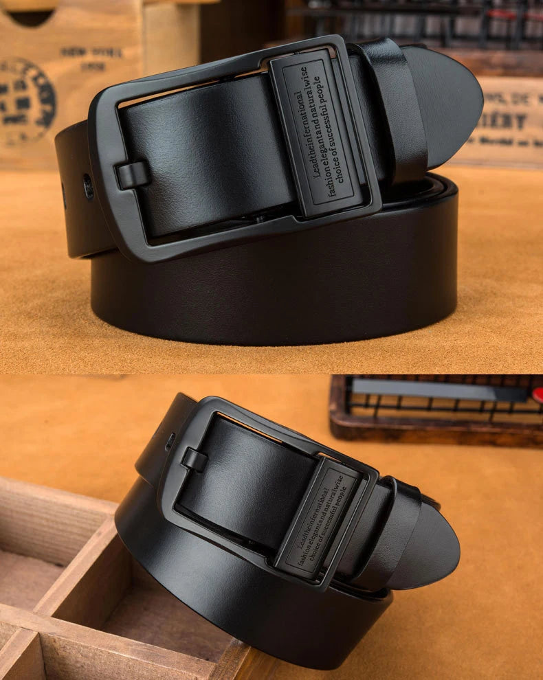 Men's leather belt, black buckle, new style, fashionable, trendy, light luxury, casual, versatile, suitable for jeans, pin buckl
