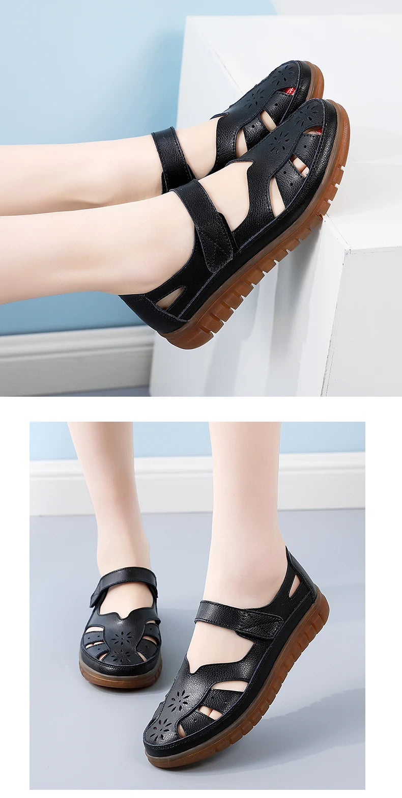 Sandals Summer Breathable Leather Slippers Women Fashion Non-Slip Casual Roman Shoes Ladies Sandals on Sale Off White Shose