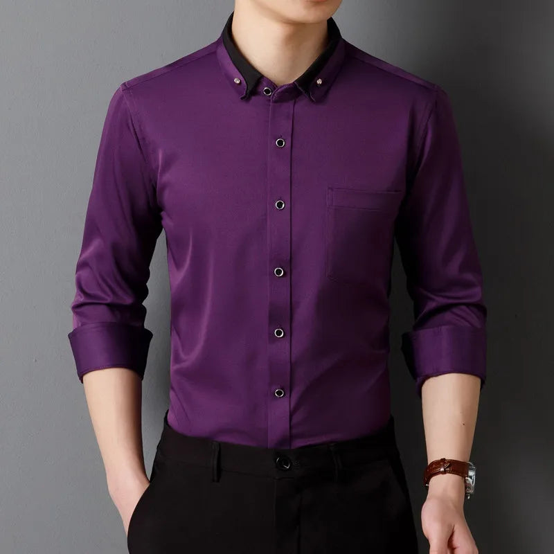 New Men Dress Shirts Long Sleeve Calssic Formal Business Social Solid Color Office Party Slim Fit White-Black-Red-Blue-Purple