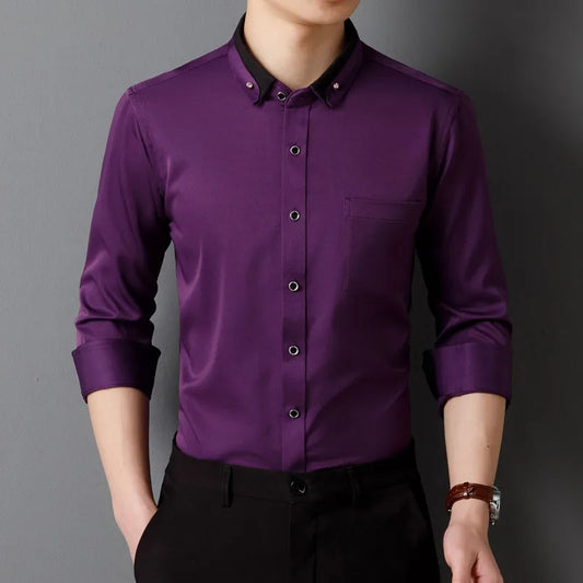 New Men Dress Shirts Long Sleeve Calssic Formal Business Social Solid Color Office Party Slim Fit White-Black-Red-Blue-Purple