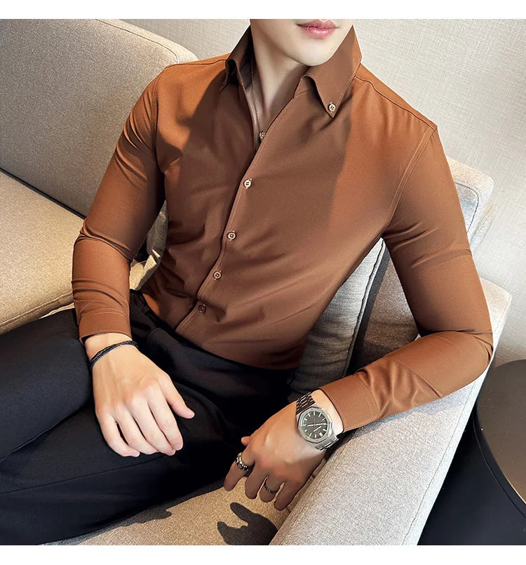 Men Dress Shirt 2025 Autumn British Style Solid Casual Slim Fit Formal Camisas V-neck Long Sleeves Shirt Streetwear Men Clothing