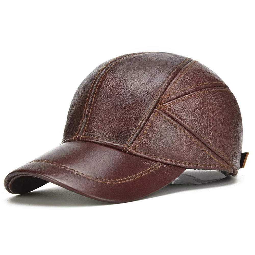 Hot Sale Casual Real Leather Earflap Cap Men's Real Cowhide Leather Caps Male Fall Winter Genuine Real Cow Leather Baseball Hats