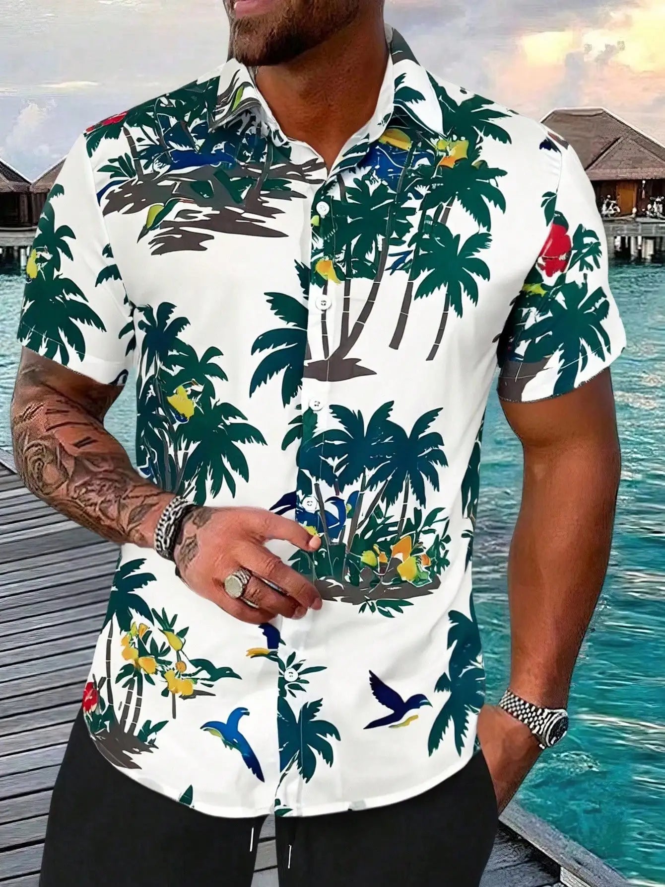 Hawaiian Shirt For Men Vacation Daily Slim Fit Tops Gym Elegant Flower Pattern Leaves Social Casual Fashion Camisa Y2k Clothing
