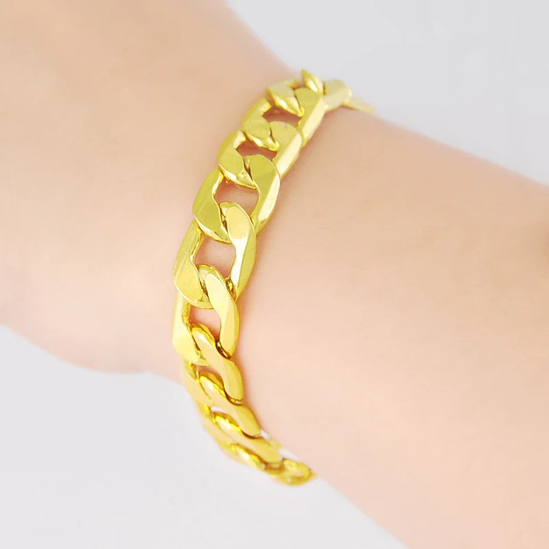 Wholesale 24k Gold Filled 10MM Curb Link Chain Bracelet for Men Women 20CM Long.Fashion Pure Gold Color Cuban Bracelet Jewelry