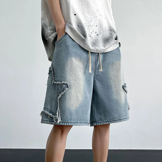 Fashion Denim Shorts For Men Summer Comfortable High Waist Drawstring Short Pants Men’s Streetwear Star Loose Casual Shorts