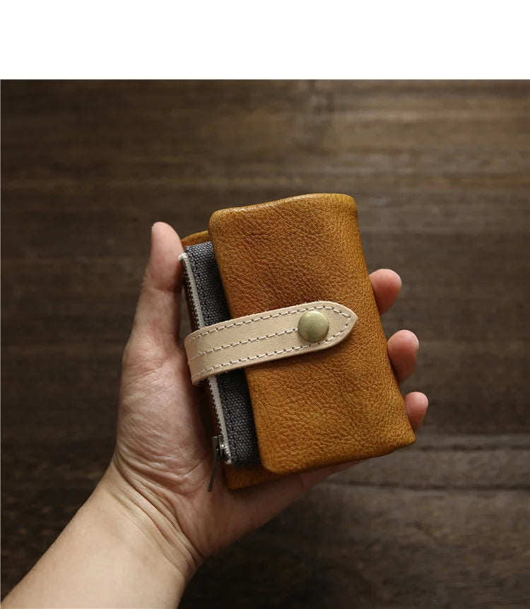 2025 Handmade Wallet Men's Short Leather Triple Fold Money Clip Cowhide Youth Buckle Student Vertical Vegetable Tanned Leather