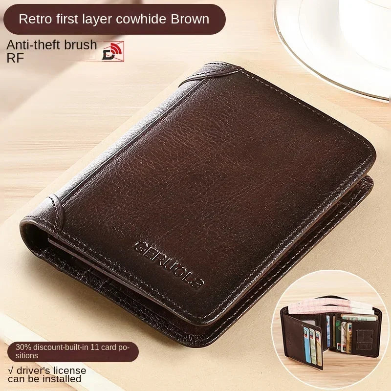 Men Wallet Genuine Leather Rfid Blocking Trifold Wallet Vintage Thin Short Multi Function ID Credit Card Holder Male Purse Money