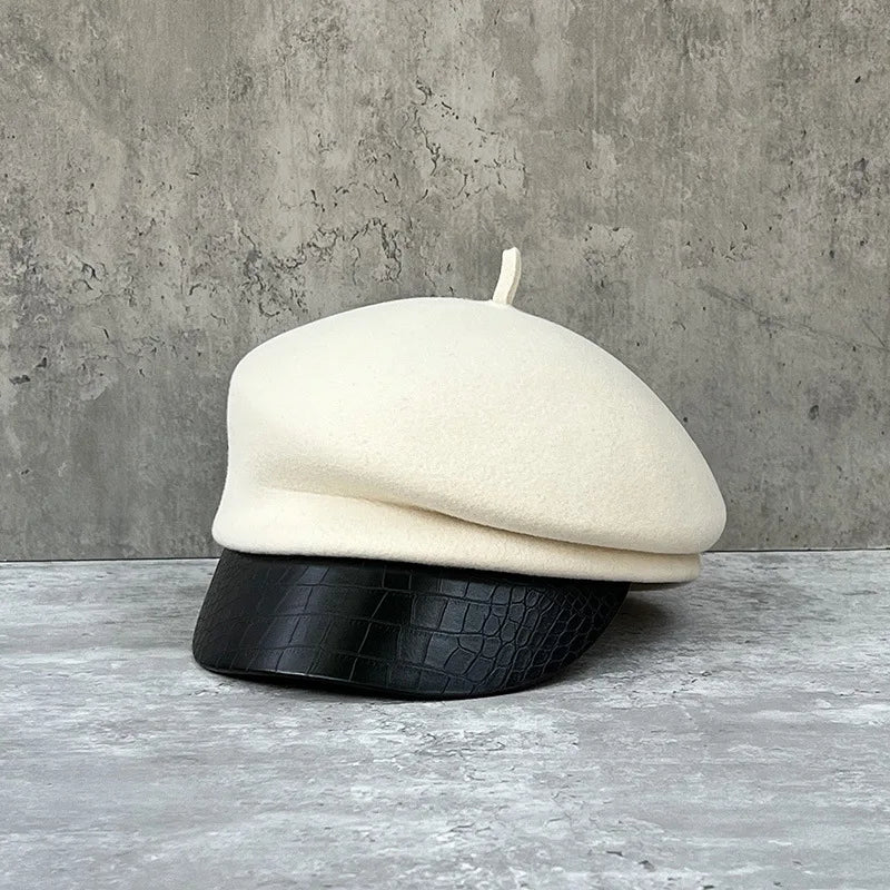 Fashion leather brim wool beret women's autumn/winter Korean style newsboy hat British knight hat duck cap Japanese system