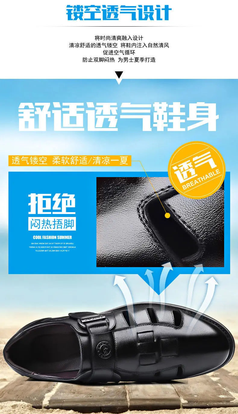 Men's Summer New Style Business Casual Genuine Leather Sandals With Hollow Outsole Anti-Slip Middle-Aged Father Leather Shoes
