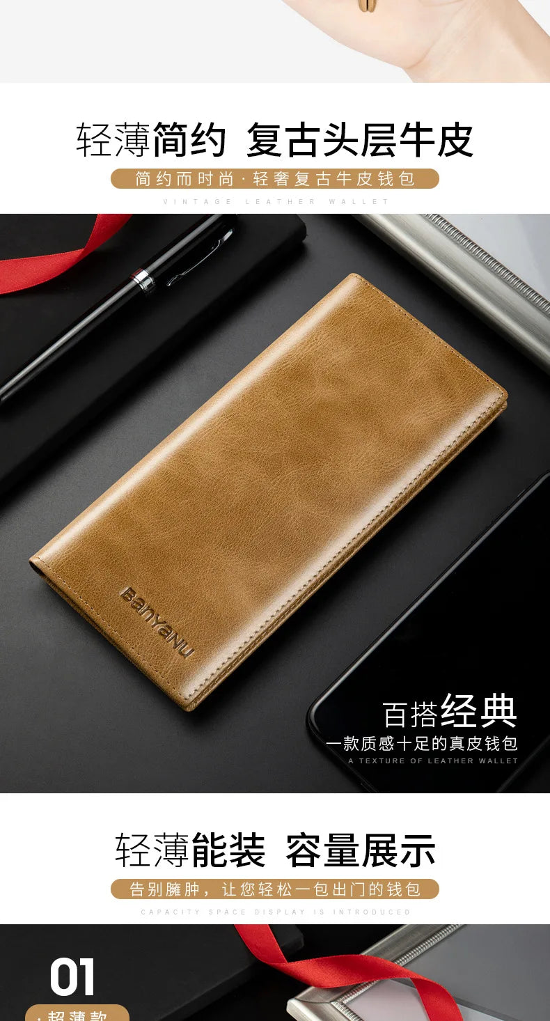 Banyanu Leather Factory Wallet Men's Long Leather Ultra Thin Anti theft Brushed Leather Wallet with Zipper Leather Wallet