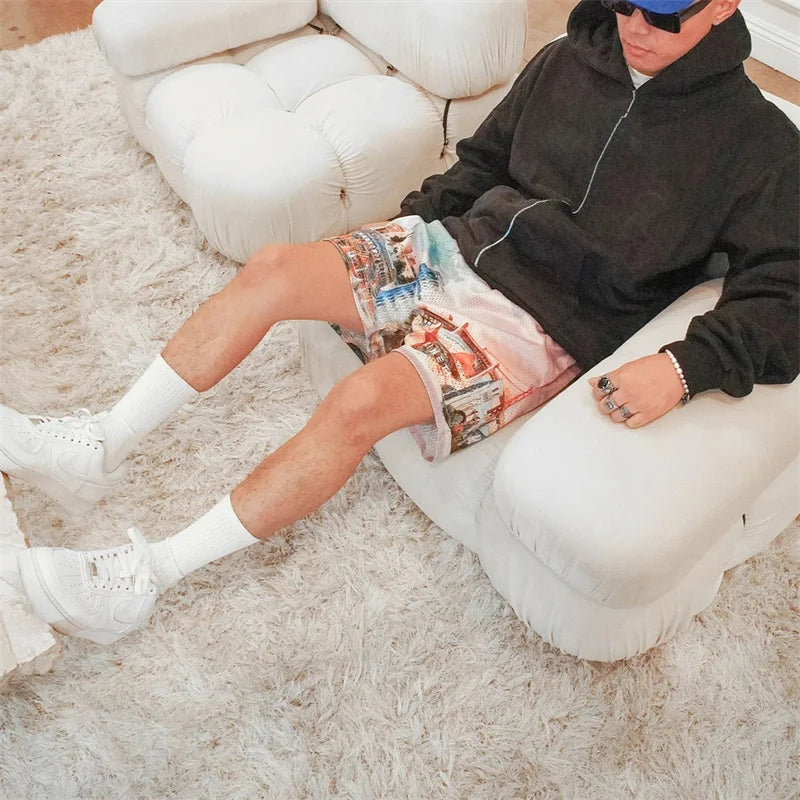 Summer New men short pant Rose Design Casual Shorts Street Hip Hop Fitness Polyester Fast Dry Breathable Embroidery Men Shorts