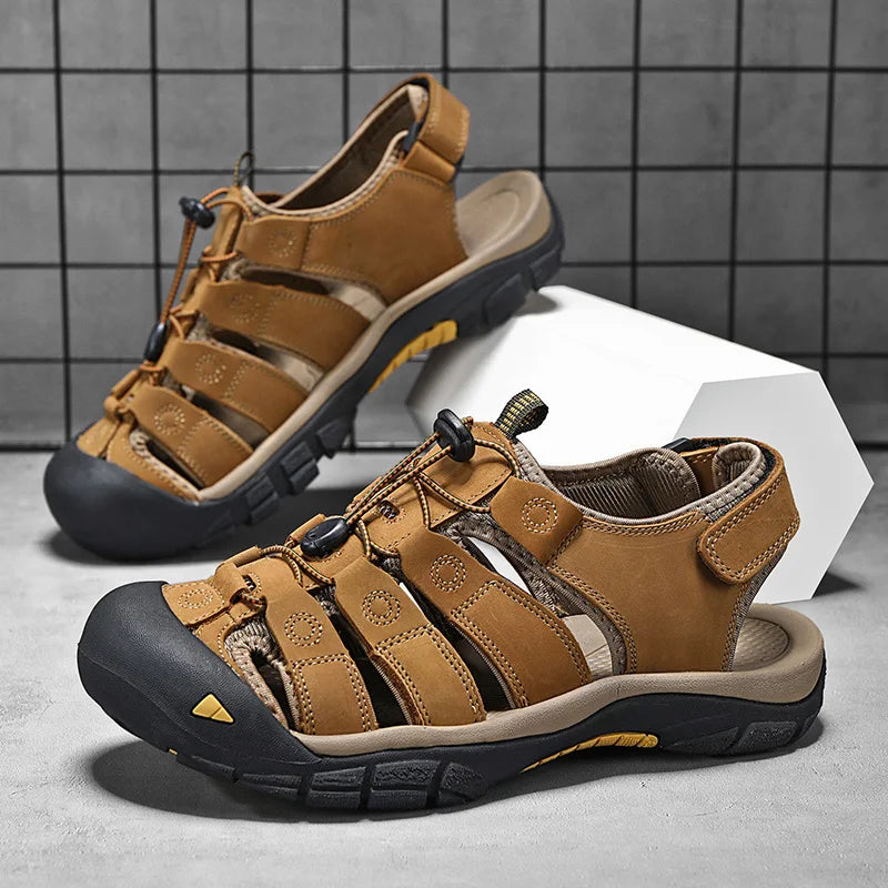 Men's Sport Sandals Outdoor Hiking Sandals Closed Toe Leather Fashion All-match Light Trail Walking Casual Sandals Water Shoes