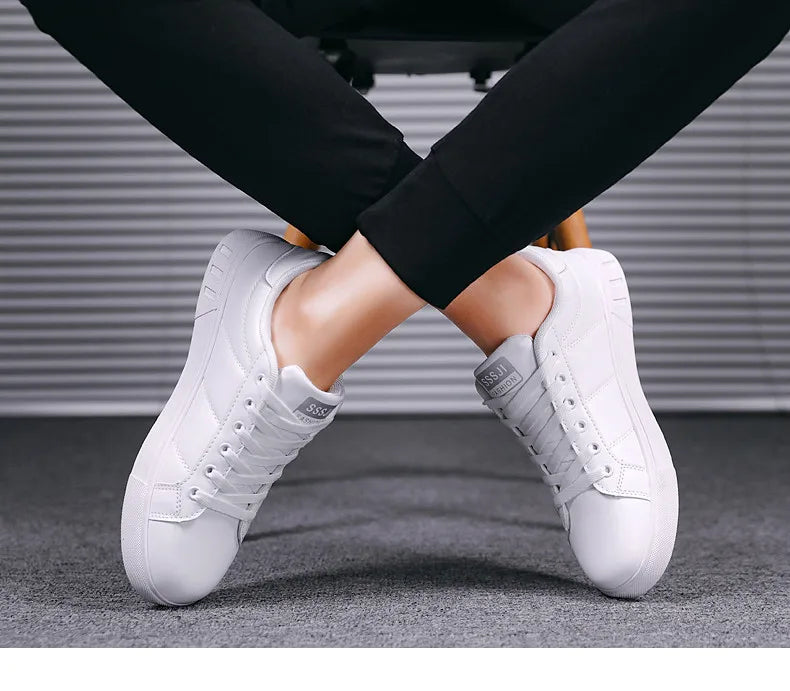 Men's Casual Sports Shoes for Men Lightweight PU Leather Sneakers  Breathable Mens Flat WhiteTennis Shoes