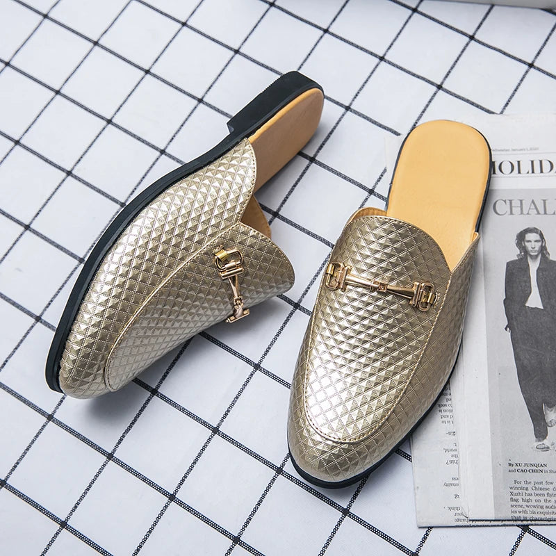 2024 New Luxury Designer Men's Casual Bling Leather Loafers Italian for Men Half Shoes Mules Male Black Slides Business Slippers