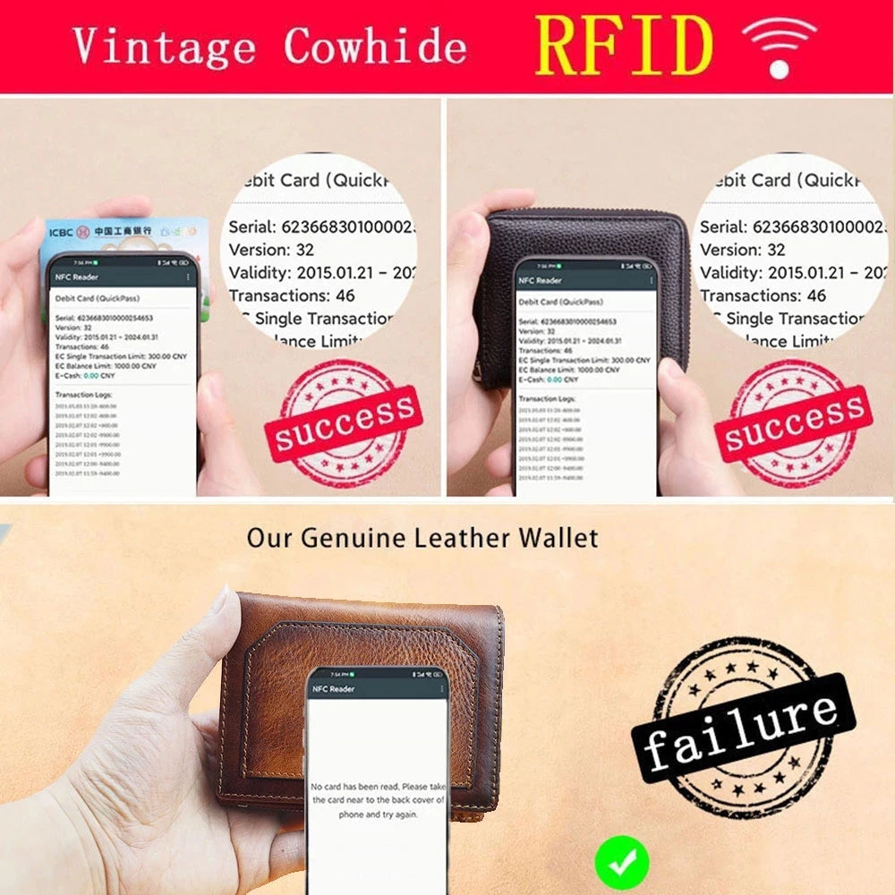 Vintage 100% Genuine Leather Men's Wallet RFID Blocking Trifold Short Multi Function Money Clip Large Capacity Zipper Coin Purse