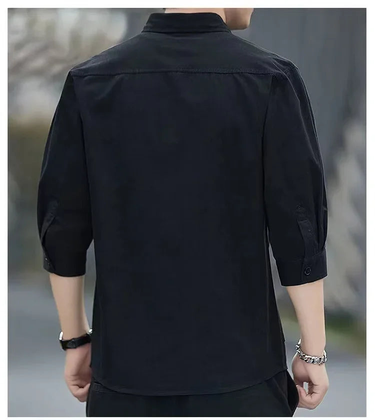 Men shirts Summer Men's clothing Short-Sleeved shirts & blouses Daily Solid Color Stand-Up Collar Casual Beach Style Male Shirt