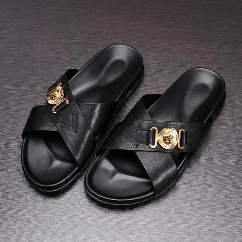 Trendy Versatile Men's Slippers Soft Sole One-Piece Genuine Leather Beach Shoes Cross Strap Casual Shoes Summer 2024