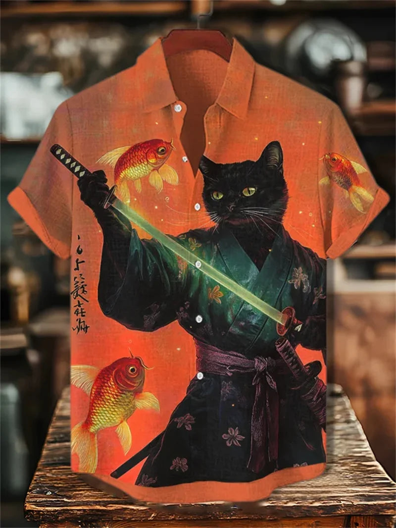 Men's Volcano Animal Pattern Linen Shirt Summer Fashion Short Sleeve Button Collar Shirt Hawaii Casual Shirt Top