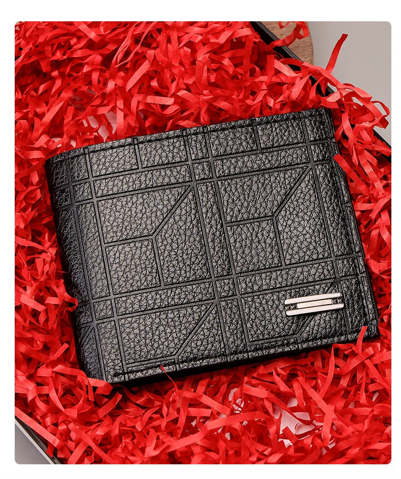Men's Checkered PU Leather Wallet - Multi Card Slot, Business Style, Solid Color, Ideal Gift for Men