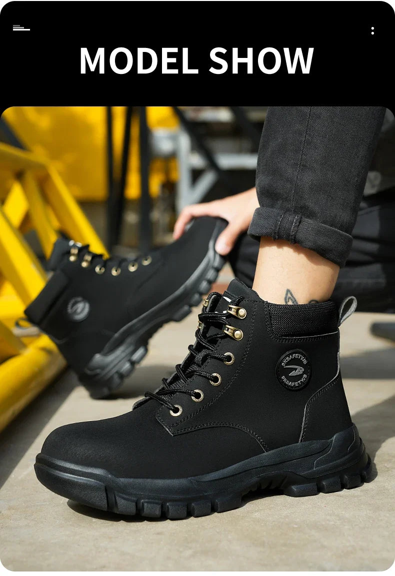 Work Safety Boots for Men, Anti-smash Steel Toe Shoes, Puncture-proof, Indestructible, Waterproof Sneakers Brown Boots