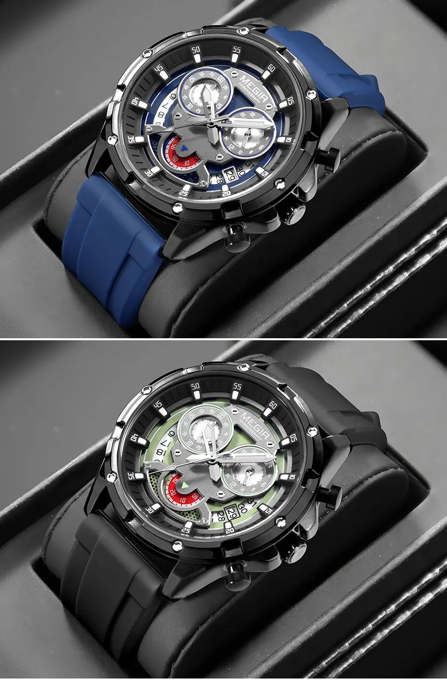 MEGIR New Sport Watches for Men Fashion Chronograph Quartz Wristwatch with Silicone Strap Luminous Hands Calendar Waterproof