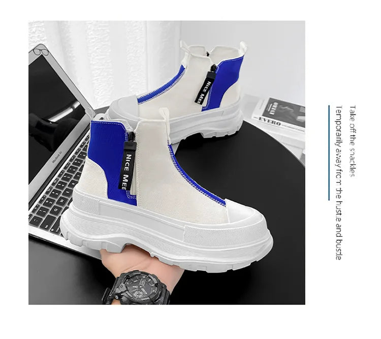 High-top Thick Soled Boots Men's Shoes for Spring Autumn Breathable Casual Chelsea Boots Men's Trend Canvass Side Zipper Sneaker