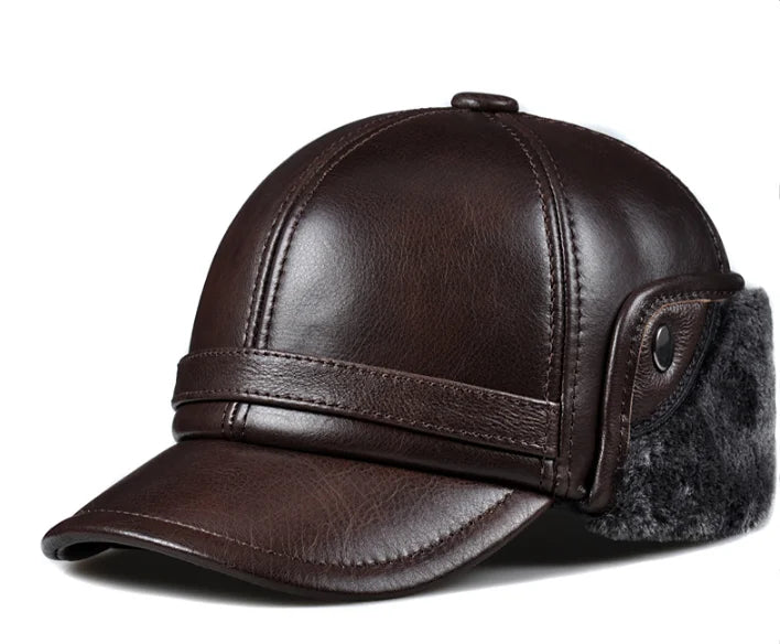 Winter Men's  Hat Thicken Leather Cowhide Baseball Caps With Ears Warm Snapback Dad's Hats Sombrero De Cuero Del Hombre
