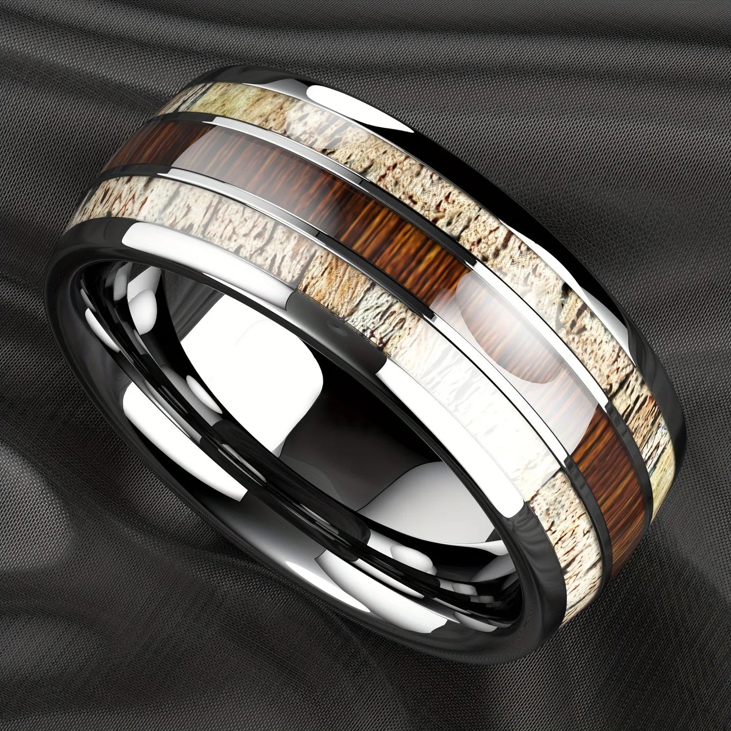 Fashion Deer Family Black Hunting Stainless Steel Rings for Men Women KOA Wood Inlay Beveled Polished Edge Wedding Bands Jewelry