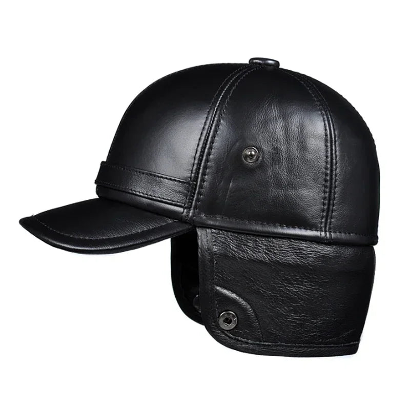 Winter Men's  Hat Thicken Leather Cowhide Baseball Caps With Ears Warm Snapback Dad's Hats Sombrero De Cuero Del Hombre
