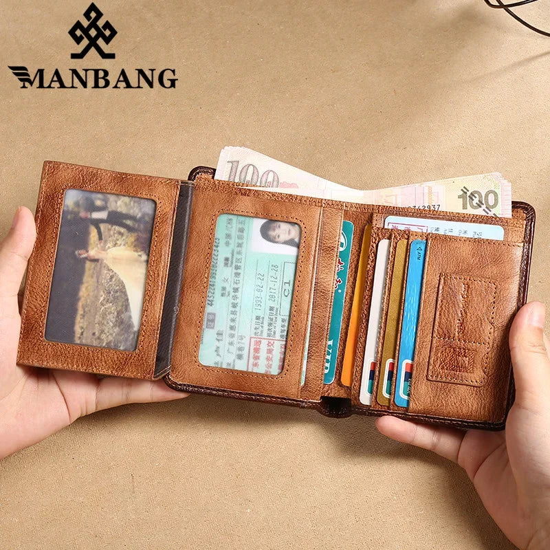 【Genuine Cow Leather / Gift Box】ManBang Luxury Men's Wallet RFID Short Trifold For Men with ID Window and Credit Card Holder