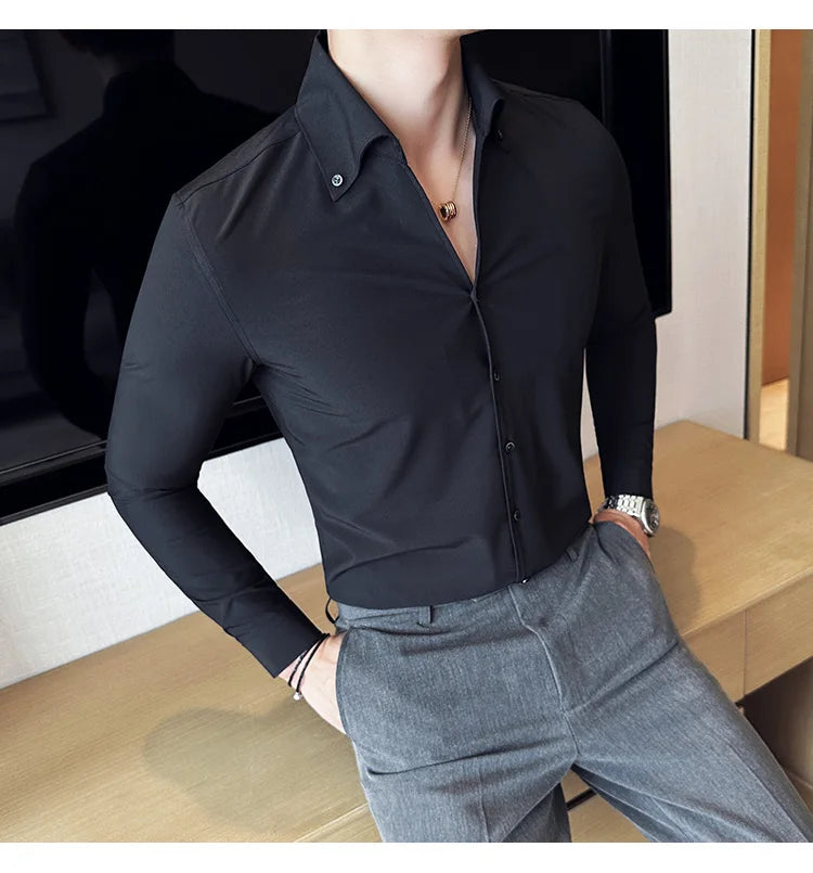 Men Dress Shirt 2025 Autumn British Style Solid Casual Slim Fit Formal Camisas V-neck Long Sleeves Shirt Streetwear Men Clothing