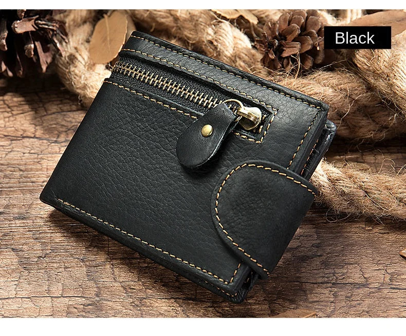 Men's Crazy Horse Leather Short Wallet Genuine Leather Buckle Wallet Vintage Top Layer Cowhide Card Holder Multi-Card  Wallet