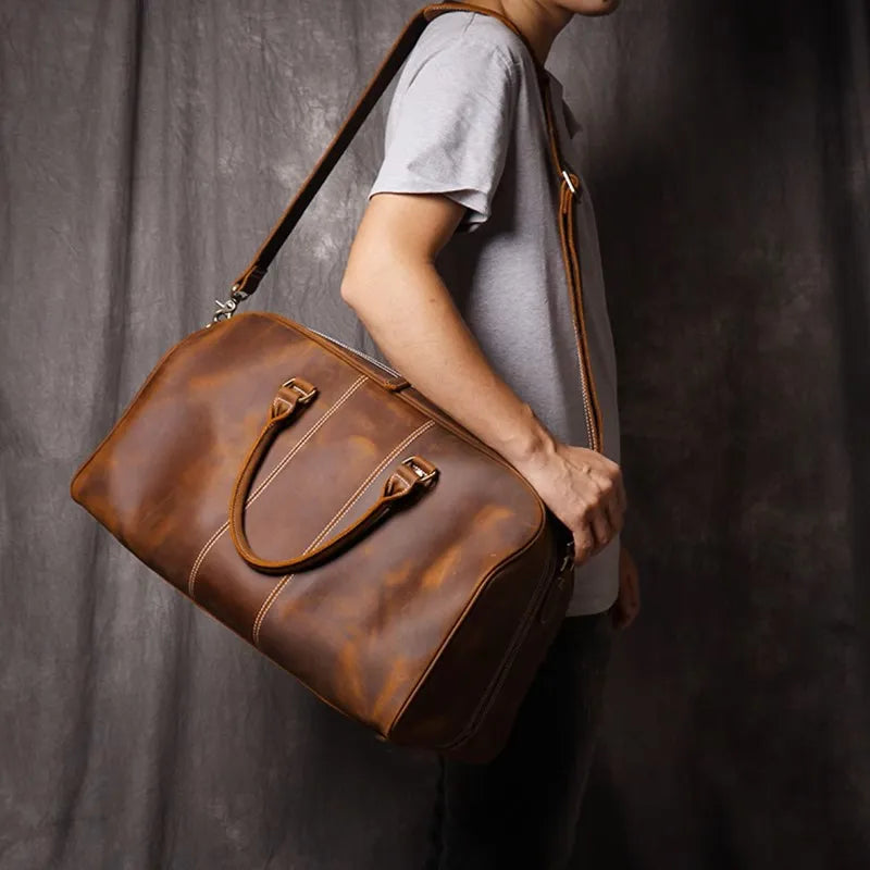 Leathfocus Men's Head Cowhide Travel Tote Crazy Horse Leather Crossbody Bag Women Camping Luggage Bag 14" Laptop Travel Bag